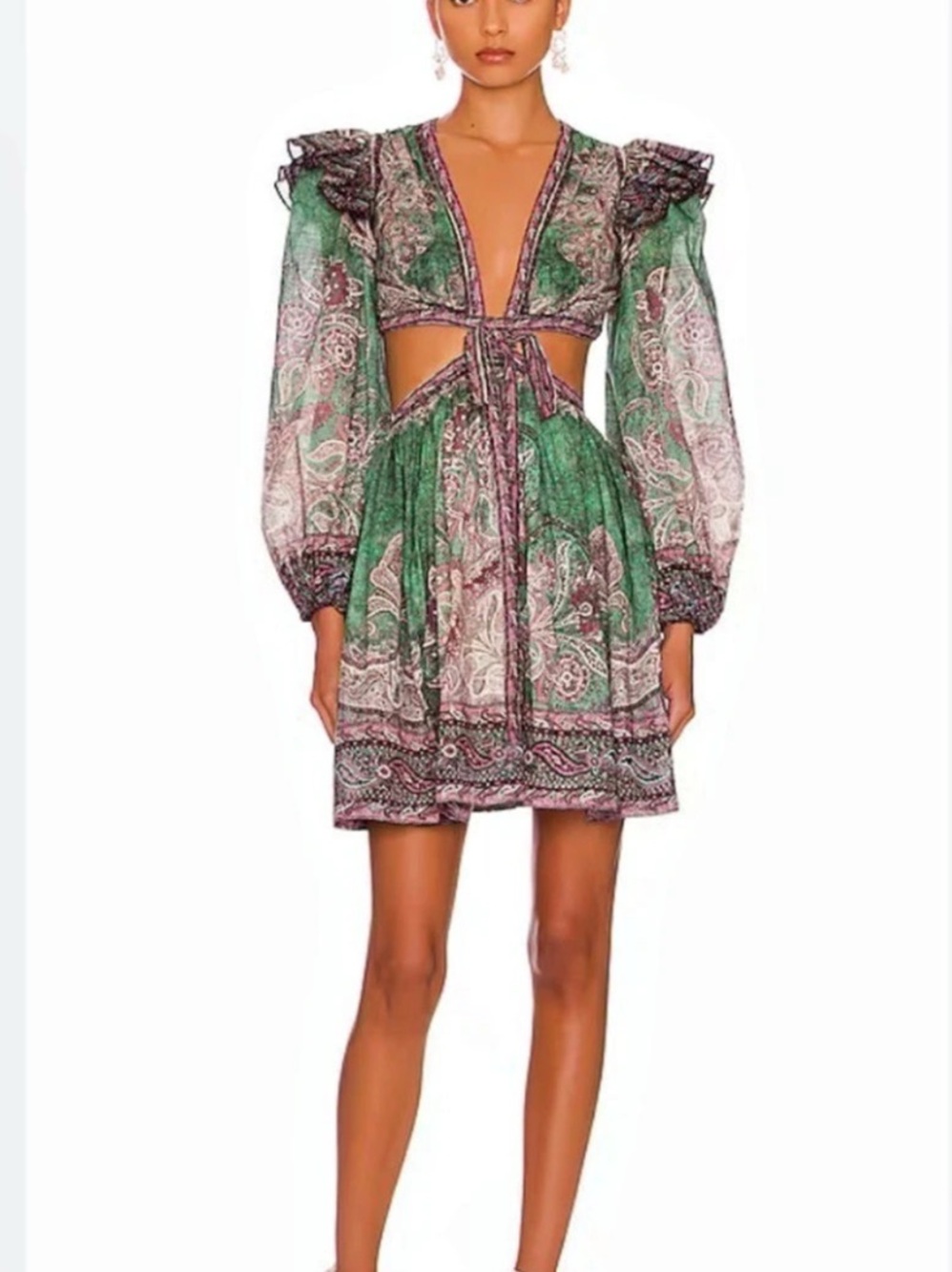 Zimmermann Green Paisley Cutout Mini Dress Green & Pink Paisley Cutout Mini